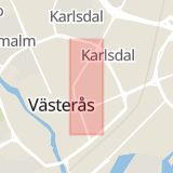 Karta som med röd fyrkant ramar in Karlsgatan, Västerås, Västmanlands län