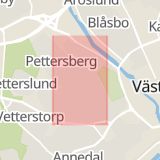 Karta som med röd fyrkant ramar in Jakobsberg, Västerås, Västmanlands län