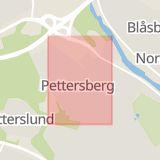 Karta som med röd fyrkant ramar in Pettersberg, Pettersbergsgatan, Västerås, Västmanlands län