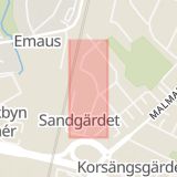 Karta som med röd fyrkant ramar in Sandgärdet, Skälängsgatan, Västerås, Västmanlands län
