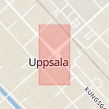 Karta som med röd fyrkant ramar in Kungsgatan, Vaksalagatan, Uppsala, Uppsala län
