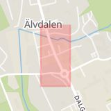 Karta som med röd fyrkant ramar in Bergensväg, Dalgatan, Kyrkbyn, Älvdalen, Dalarnas län