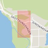 Karta som med röd fyrkant ramar in Essvik, Juniskärsvägen, Skottsundsvägen, Sundsvall, Västernorrlands län
