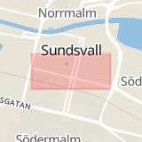 Karta som med röd fyrkant ramar in Trädgårdsgatan, Stenstan, Sundsvall, Västernorrlands län