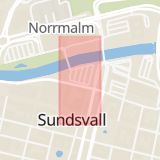 Karta som med röd fyrkant ramar in Affärsgatan, Kvissleby, Sundsvall, Fisktorget, Stenstan, Västernorrlands län