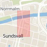 Karta som med röd fyrkant ramar in Stenstan, Sjögatan, Navet, Sundsvall, Västernorrlands län