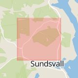 Karta som med röd fyrkant ramar in Bergsgatan, Fredsgatan, Södermalm, Bredsand, Timmervägen, Birsta, Sundsvall, Västernorrlands län