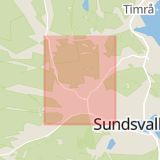 Karta som med röd fyrkant ramar in Västra Vägen, Bergsåker, Sundsvall, Västernorrlands län