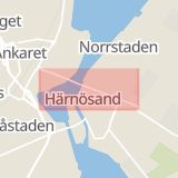 Karta som med röd fyrkant ramar in Prismahuset, Nybrogatan, Härnösand, Västernorrlands län