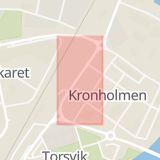 Karta som med röd fyrkant ramar in Stationsgatan, Härnösand, Västernorrlands län
