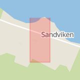 Karta som med röd fyrkant ramar in Sandvikens Camping, Böle, Fillsta, Östersund, Jämtlands län