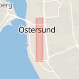 Karta som med röd fyrkant ramar in Prästgatan, Östersund, Jämtlands län