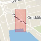 Karta som med röd fyrkant ramar in Strandgatan, Järnvägsgatan, Örnsköldsvik, Västernorrlands län