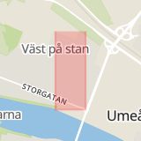 Karta som med röd fyrkant ramar in Brogatan, Holmsund, Norrfors, Brännland, Umeå, Västerbottens län