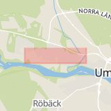 Karta som med röd fyrkant ramar in Backenvägen, Grubbe, Umeå, Västerbottens län