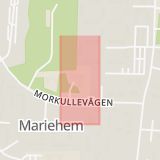 Karta som med röd fyrkant ramar in Mariehem, Morkullevägen, Högsta, Umeå, Västerbottens län