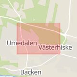 Karta som med röd fyrkant ramar in Umedalen, Kullavägen, Umeå, Västerbottens län