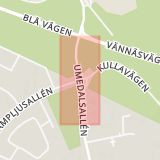 Karta som med röd fyrkant ramar in Umedalen, Umedalsallén, Kullavägen, Umeå, Västerbottens län