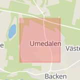 Karta som med röd fyrkant ramar in Umedalen, Högsta, Umeå, Västerbottens län
