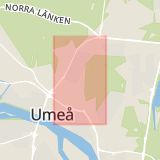 Karta som med röd fyrkant ramar in Västerbotten, Färjevägen, Åsele, Östra Kyrkogatan, Umeå, Formvägen, Centrumvägen, Dorotea, Västerbottens län