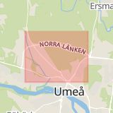 Karta som med röd fyrkant ramar in Umeå, Västerslätt, Risbergsgatan, Hedensbyn, Skellefteå, Högsta, Brännland, Västerbottens län