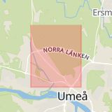 Karta som med röd fyrkant ramar in Hissjövägen, Vaktvägen, Umeå, Västerbottens län