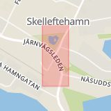 Karta som med röd fyrkant ramar in Skellefteå, Skelleftehamn, Umeå, Nya Skravelsjövägen, Böleäng, Västerbottens län