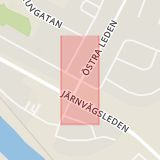 Karta som med röd fyrkant ramar in Rosgatan, Östra Leden, Morön, Skellefteå, Västerbottens län
