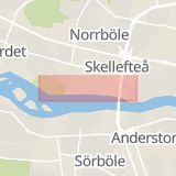 Karta som med röd fyrkant ramar in Strandgatan, Skellefteå, Västerbottens län