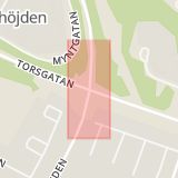 Karta som med röd fyrkant ramar in Torsgatan, Östra Leden, Morön, Kanalgatan, Skellefteå, Västerbottens län