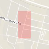 Karta som med röd fyrkant ramar in Bolidenvägen, Högströmsgatan, Skellefteå, Västerbottens län