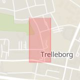 Karta som med röd fyrkant ramar in Västra Vallgatan, Trelleborg, Skåne län