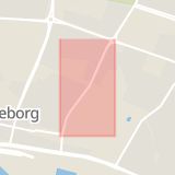 Karta som med röd fyrkant ramar in Valldammsgatan, Trelleborg, Skåne län