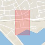 Karta som med röd fyrkant ramar in Hamngatan, Spanienfararegatan, Ystad, Skåne län