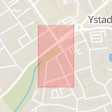 Karta som med röd fyrkant ramar in Västra Vallgatan, Lilla Norregatan, Ystad, Skåne län
