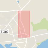 Karta som med röd fyrkant ramar in Dragongatan, Ystad, Skåne län