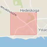 Karta som med röd fyrkant ramar in Malmövägen, Ystad, Skåne län