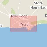 Karta som med röd fyrkant ramar in Ystad, Rydsgård, Skurup, Skåne län