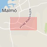 Karta som med röd fyrkant ramar in Ystadvägen, Silverviksvägen, Billisten, Combi, Malmö, Skåne län