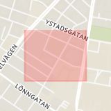 Karta som med röd fyrkant ramar in Bokgatan, Möllevången, Malmö, Skåne län
