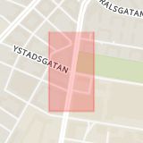 Karta som med röd fyrkant ramar in Ystadsgatan, Lantmannagatan, Malmö, Skåne län