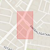 Karta som med röd fyrkant ramar in Nobeltorget, Amiralsgatan, Nobelvägen, Malmö, Skåne län