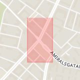 Karta som med röd fyrkant ramar in Amiralsgatan, Nobelvägen, Malmö, Skåne län