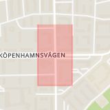 Karta som med röd fyrkant ramar in Köpenhamnsvägen, Mariedalsvägen, Malmö, Skåne län