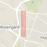 Karta som med röd fyrkant ramar in Husie, Västra Skrävlingevägen, Malmö, Skåne län