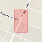 Karta som med röd fyrkant ramar in Nobelvägen, Sorgenfrivägen, Malmö, Skåne län
