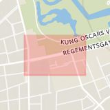 Karta som med röd fyrkant ramar in Hästhagen, Regementsgatan, Kronprinsen, Malmö, Skåne län