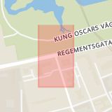 Karta som med röd fyrkant ramar in Carl Gustafs Väg, Regementsgatan, Carl Gustavs Väg, Malmö, Skåne län