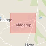Karta som med röd fyrkant ramar in Klågerup, Svedala, Skåne län