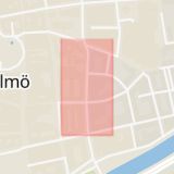 Karta som med röd fyrkant ramar in Djäknegatan, Malmö, Skåne län